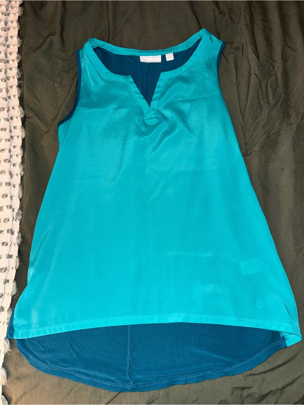 New York & Company Teal Split-V Layered Hem Sleeveless Top